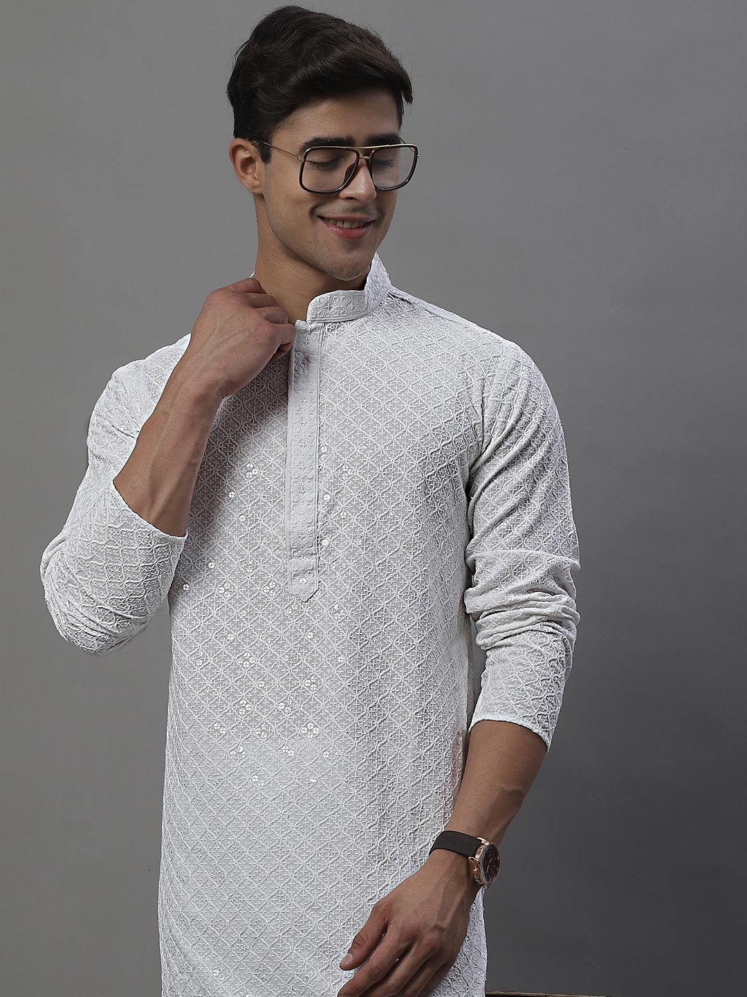 Jompers Men's White Chikankari Embroidered and Sequence Kurta