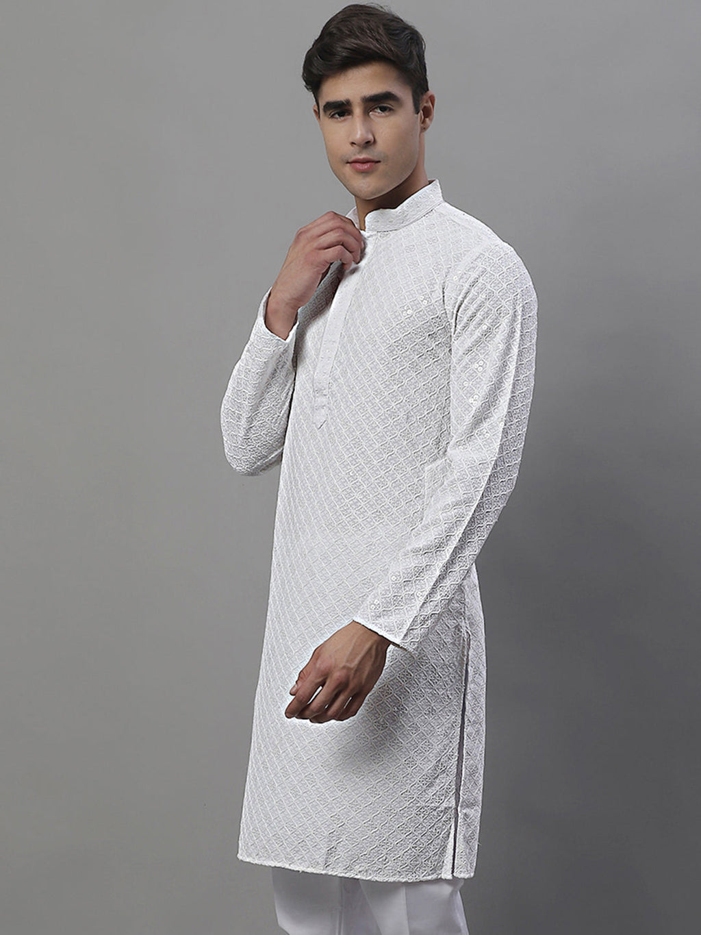 Jompers Men's White Chikankari Embroidered and Sequence Kurta