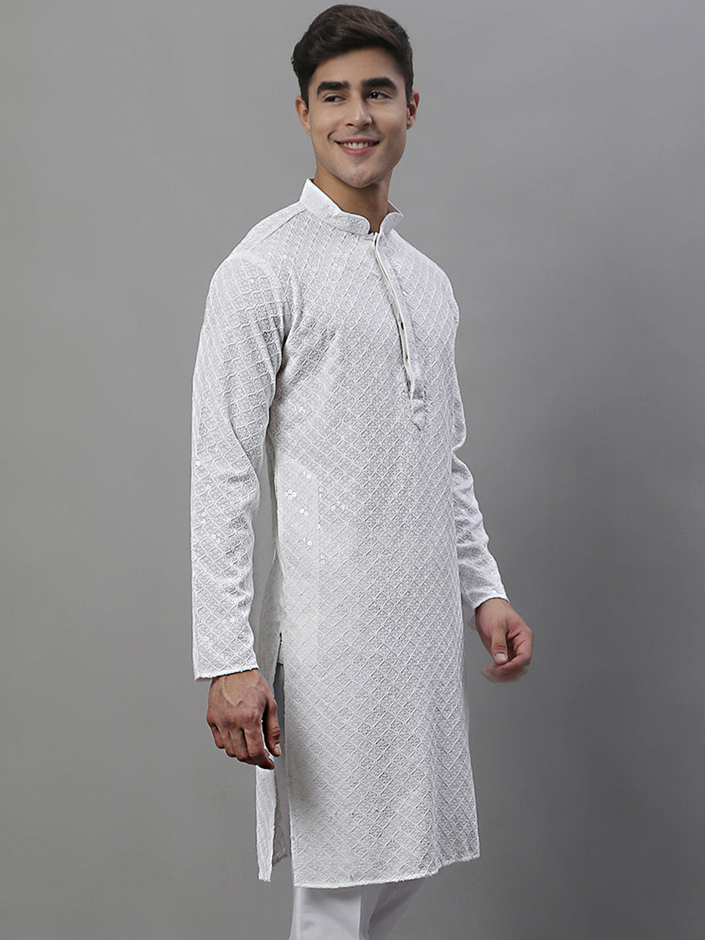 Jompers Men's White Chikankari Embroidered and Sequence Kurta