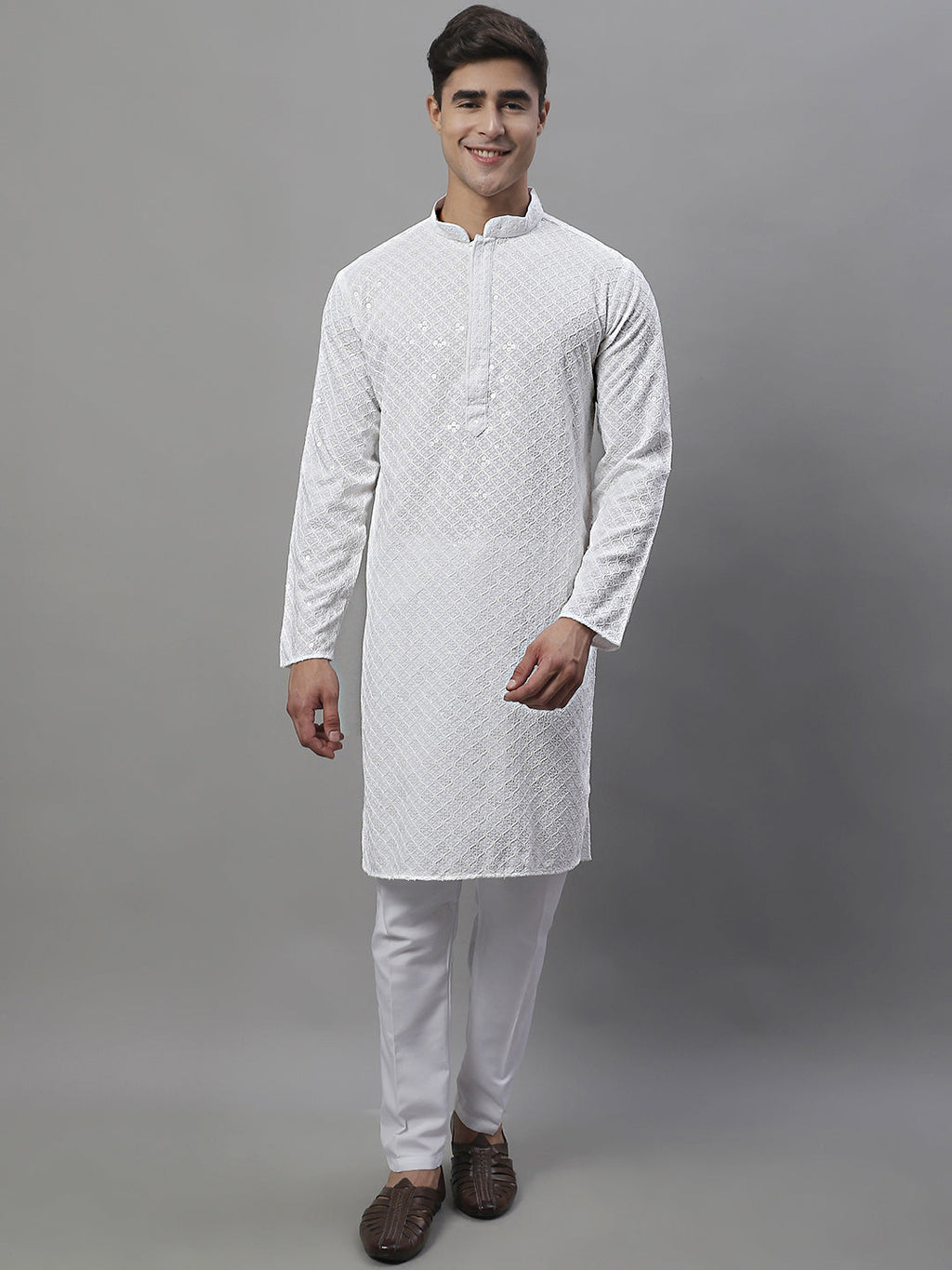 Jompers Men's White Chikankari Embroidered and Sequence Kurta