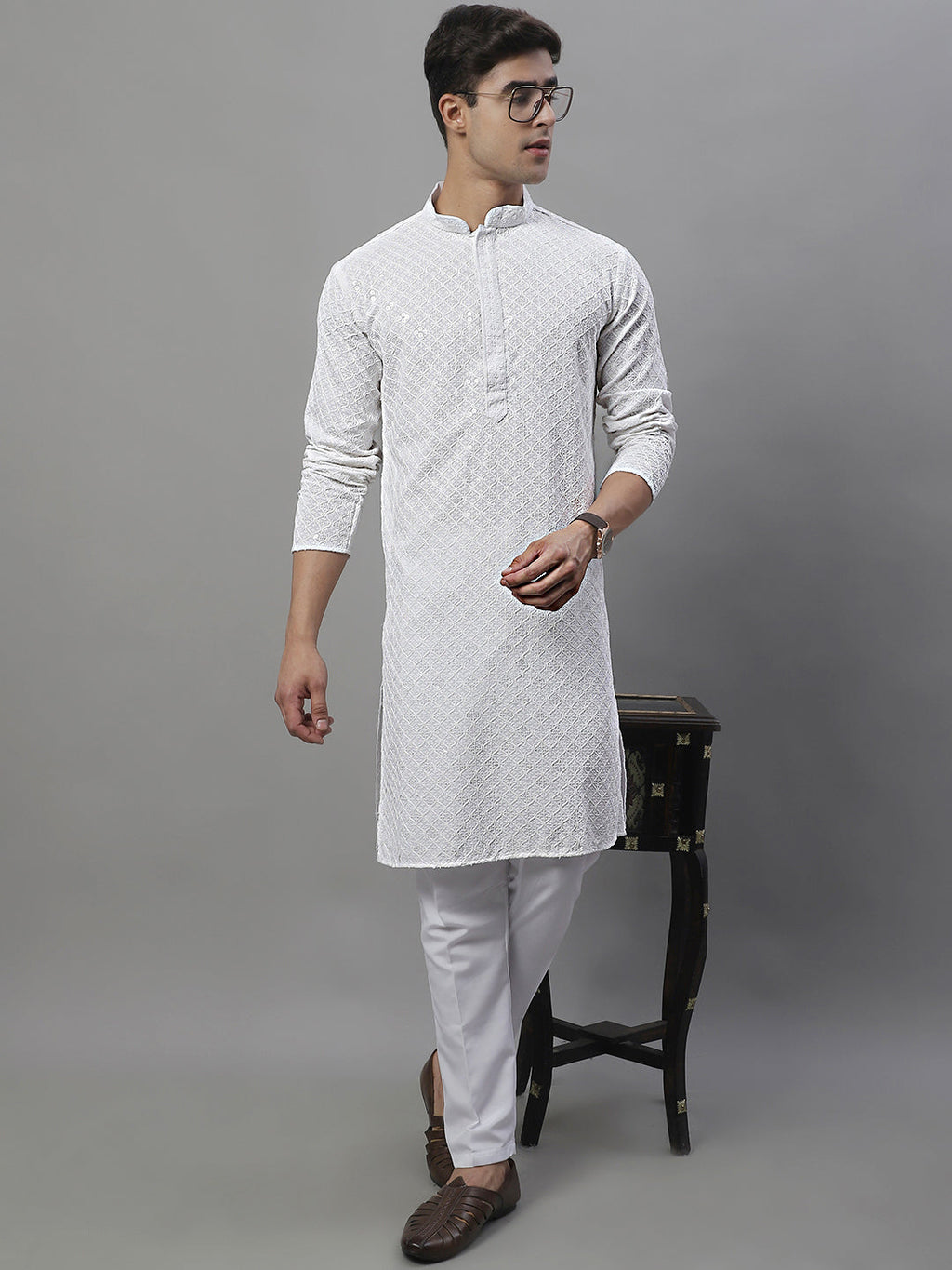 Jompers Men's White Chikankari Embroidered and Sequence Kurta