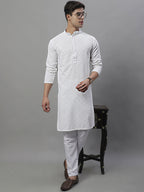 Jompers Men's White Chikankari Embroidered and Sequence Kurta