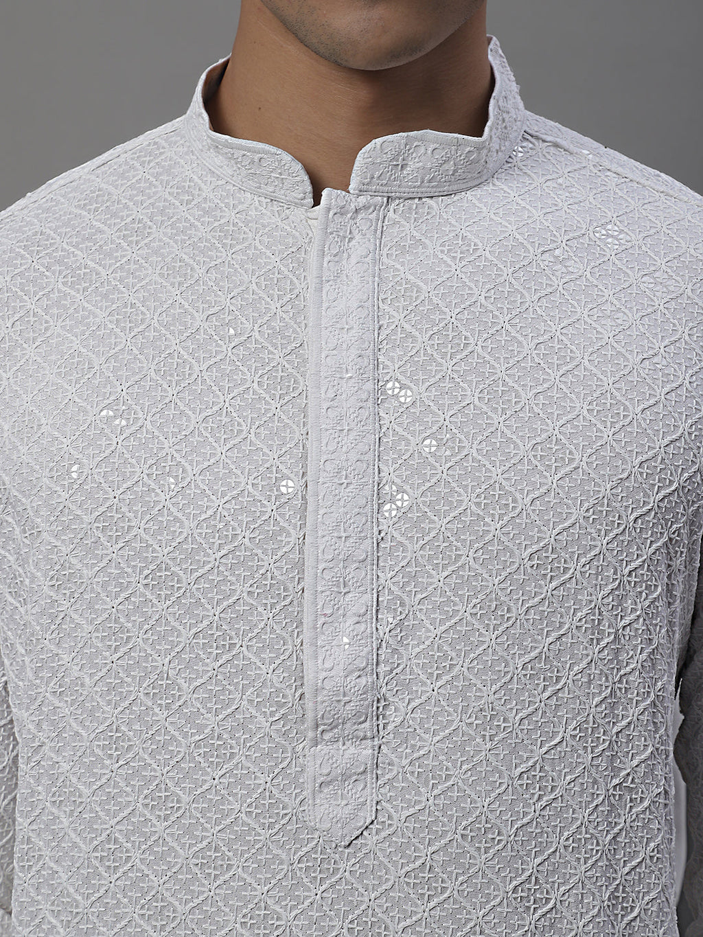 Jompers Men's White Chikankari Embroidered and Sequence Kurta