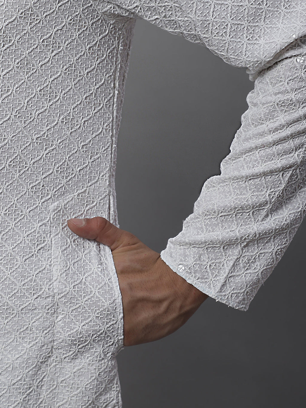 Jompers Men's White Chikankari Embroidered and Sequence Kurta