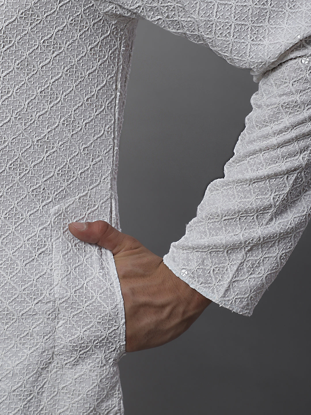 Jompers Men's White Chikankari Embroidered and Sequence Kurta