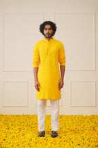 Jompers Men's Yellow Chikankari Embroidered and Sequence Kurta