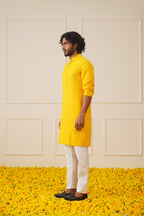 Jompers Men's Yellow Chikankari Embroidered and Sequence Kurta