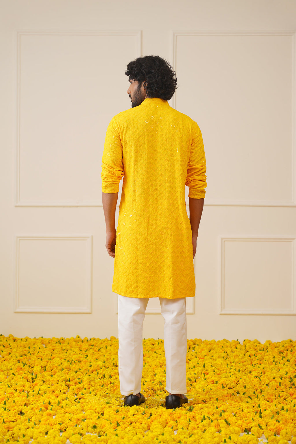 Jompers Men's Yellow Chikankari Embroidered and Sequence Kurta