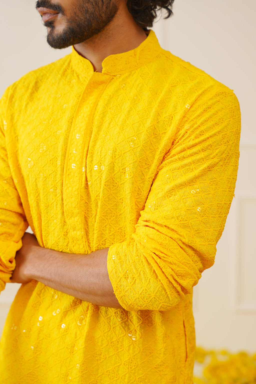 Jompers Men's Yellow Chikankari Embroidered and Sequence Kurta