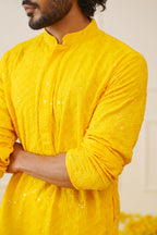Jompers Men's Yellow Chikankari Embroidered and Sequence Kurta