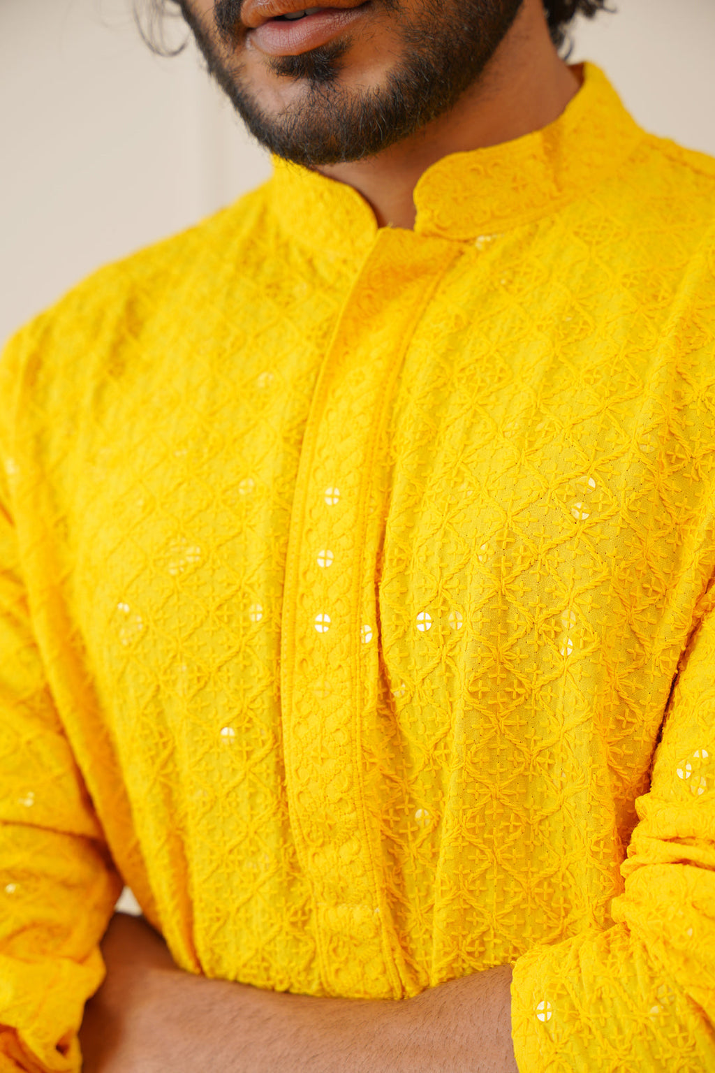Jompers Men's Yellow Chikankari Embroidered and Sequence Kurta