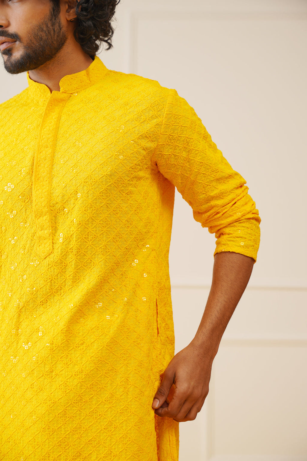 Jompers Men's Yellow Chikankari Embroidered and Sequence Kurta