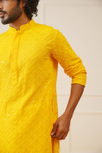 Jompers Men's Yellow Chikankari Embroidered and Sequence Kurta