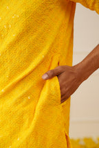Jompers Men's Yellow Chikankari Embroidered and Sequence Kurta