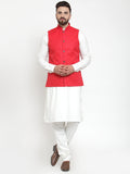 Jompers Men's Solid Kurta Pajama with Solid Red Waistcoat