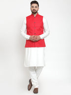 Jompers Men's Solid Kurta Pajama with Solid Red Waistcoat