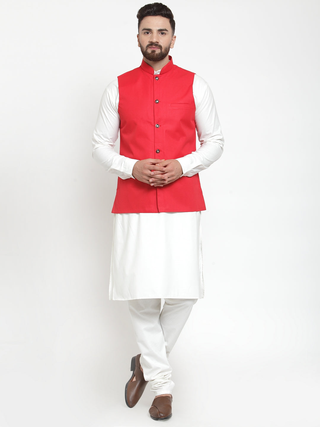 Jompers Men's Solid Kurta Pajama with Solid Red Waistcoat