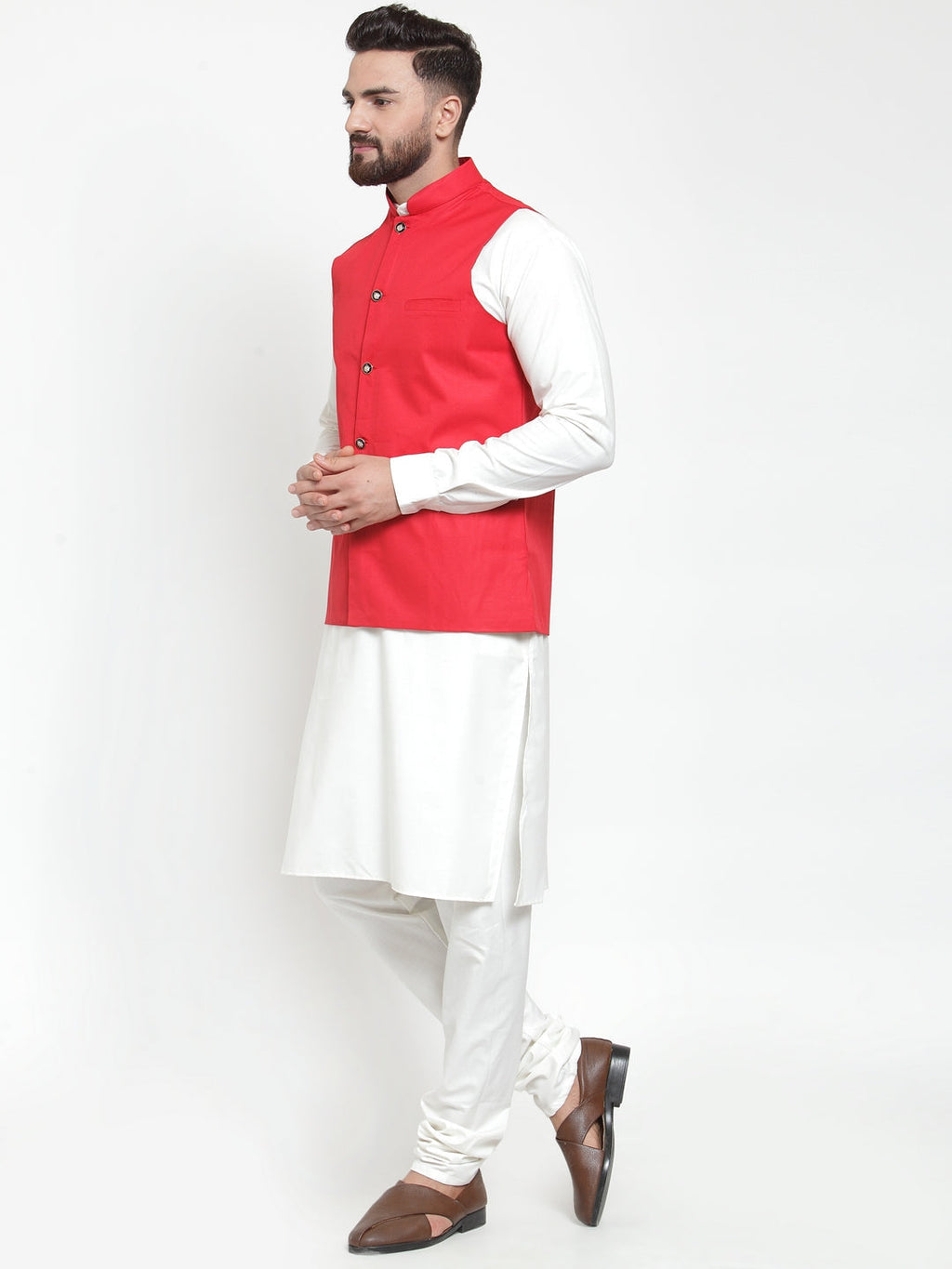 Jompers Men's Solid Kurta Pajama with Solid Red Waistcoat