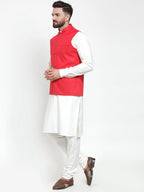 Jompers Men's Solid Kurta Pajama with Solid Red Waistcoat
