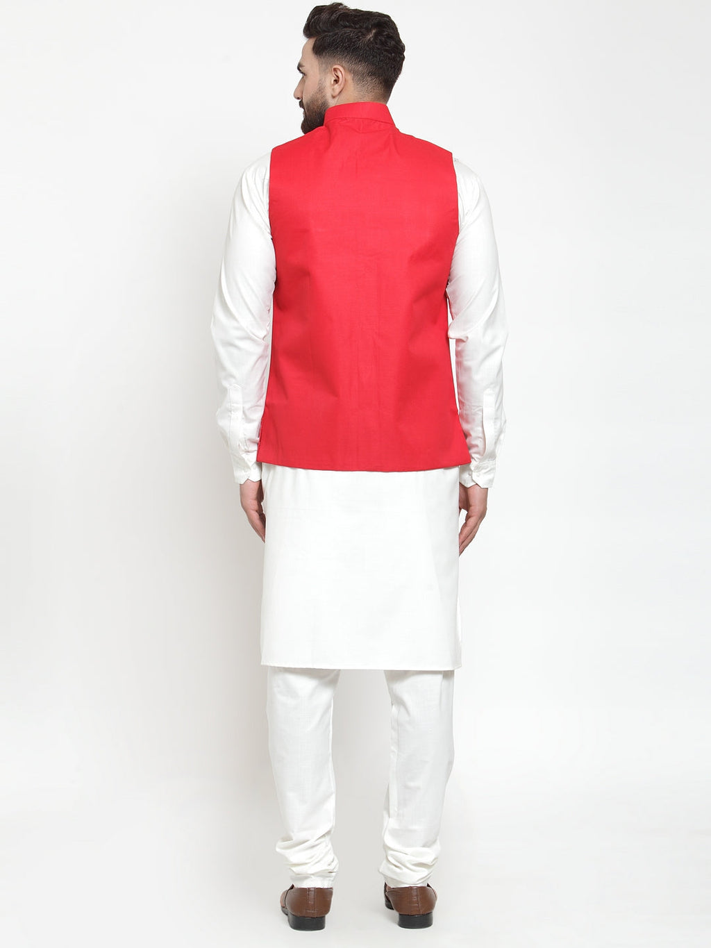 Jompers Men's Solid Kurta Pajama with Solid Red Waistcoat