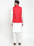 Jompers Men's Solid Kurta Pajama with Solid Red Waistcoat