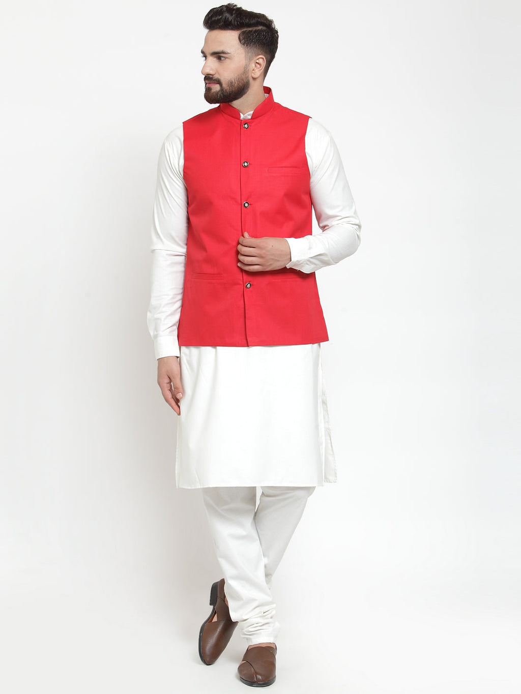 Jompers Men's Solid Kurta Pajama with Solid Red Waistcoat