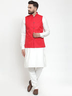 Jompers Men's Solid Kurta Pajama with Solid Red Waistcoat