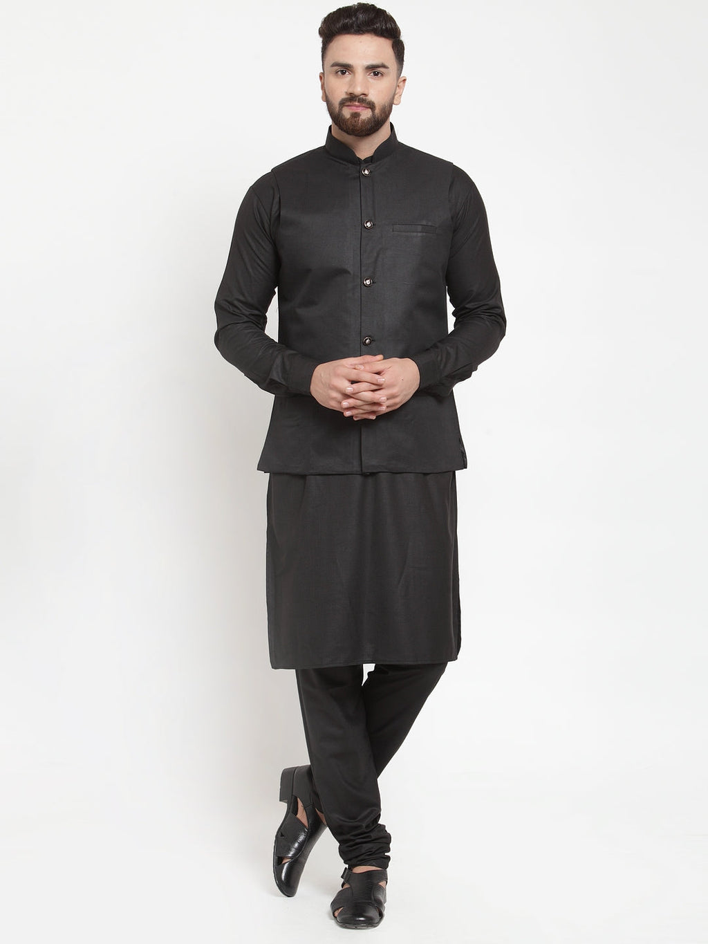Jompers Men's Solid Kurta Pajama with Solid Waistcoat (Black)