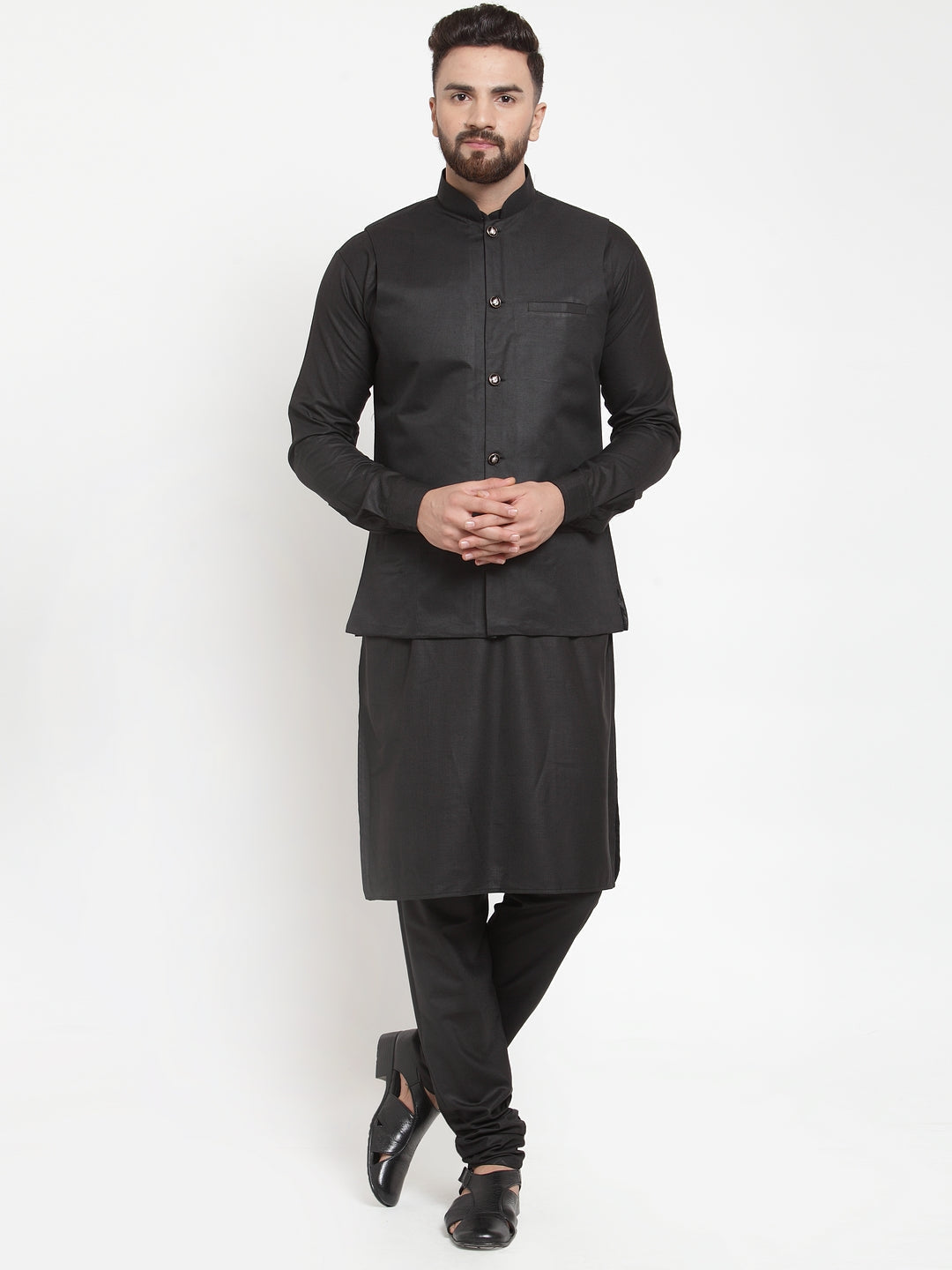 Jompers Men's Solid Kurta Pajama with Solid Waistcoat (Black)