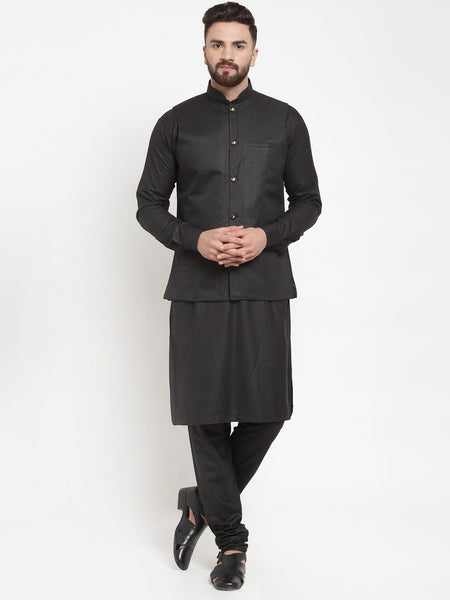 Jompers Men's Solid Kurta Pajama with Solid Waistcoat (Black)