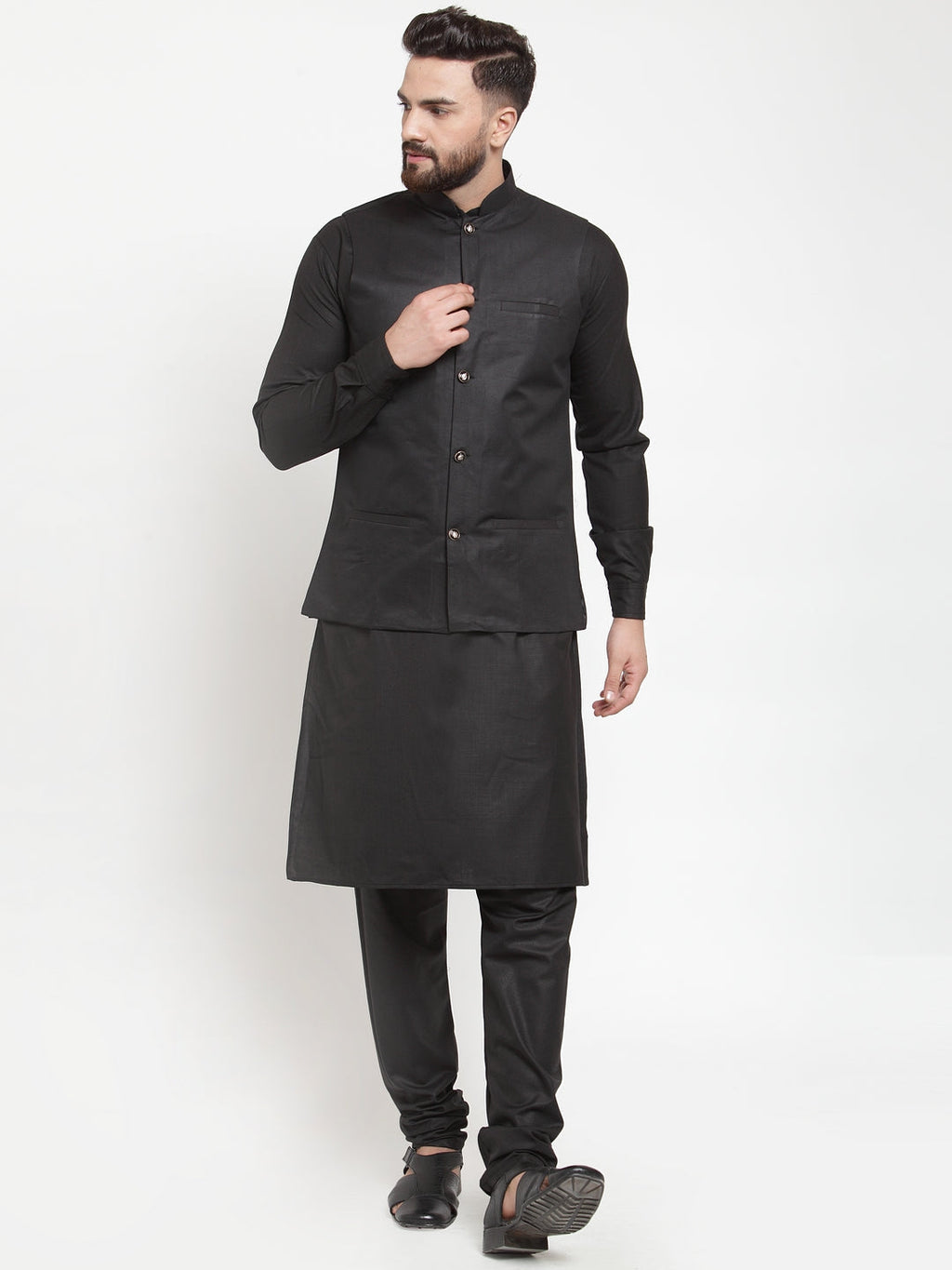 Jompers Men's Solid Kurta Pajama with Solid Waistcoat (Black)