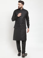 Jompers Men's Solid Kurta Pajama with Solid Waistcoat (Black)