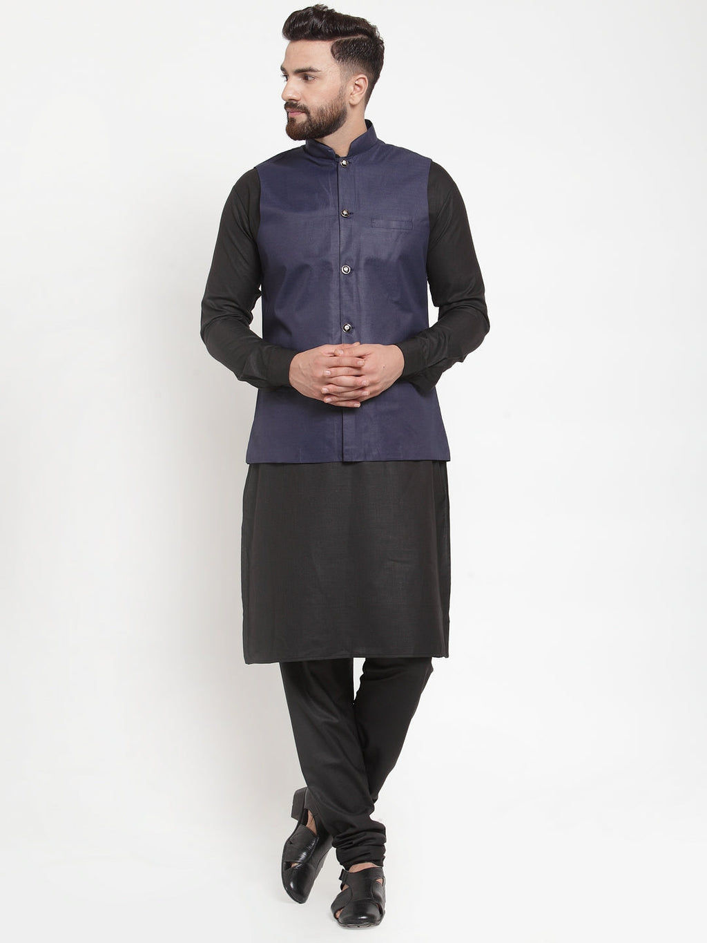 Jompers Men's Solid Kurta Pajama with Solid Waistcoat (Navy)