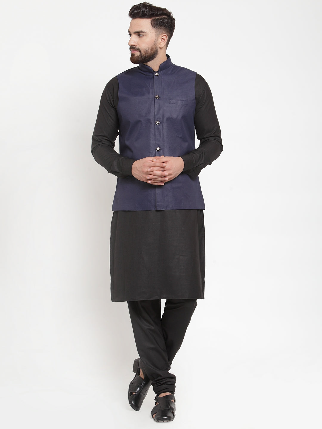 Jompers Men's Solid Kurta Pajama with Solid Waistcoat (Navy)