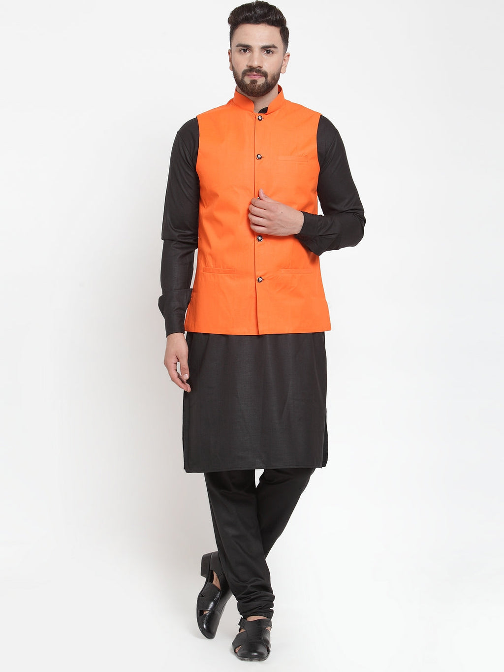 Jompers Men's Solid Kurta Pajama with Solid Waistcoat (Orange)