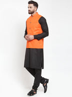 Jompers Men's Solid Kurta Pajama with Solid Waistcoat (Orange)