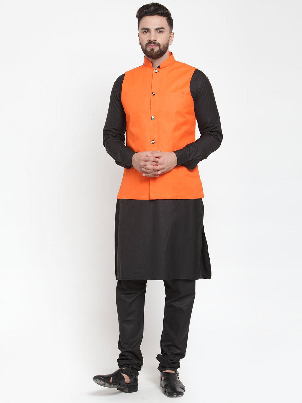 Jompers Men's Solid Kurta Pajama with Solid Waistcoat (Orange)