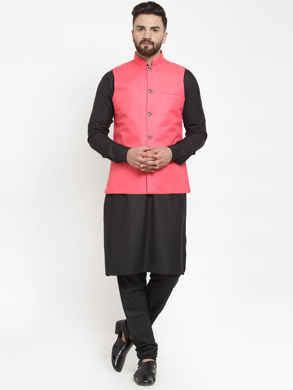Jompers Men's Solid Kurta Pajama with Solid Waistcoat (Peach)