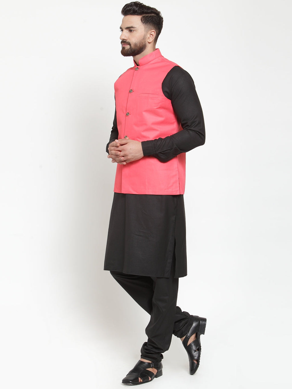 Jompers Men's Solid Kurta Pajama with Solid Waistcoat (Peach)