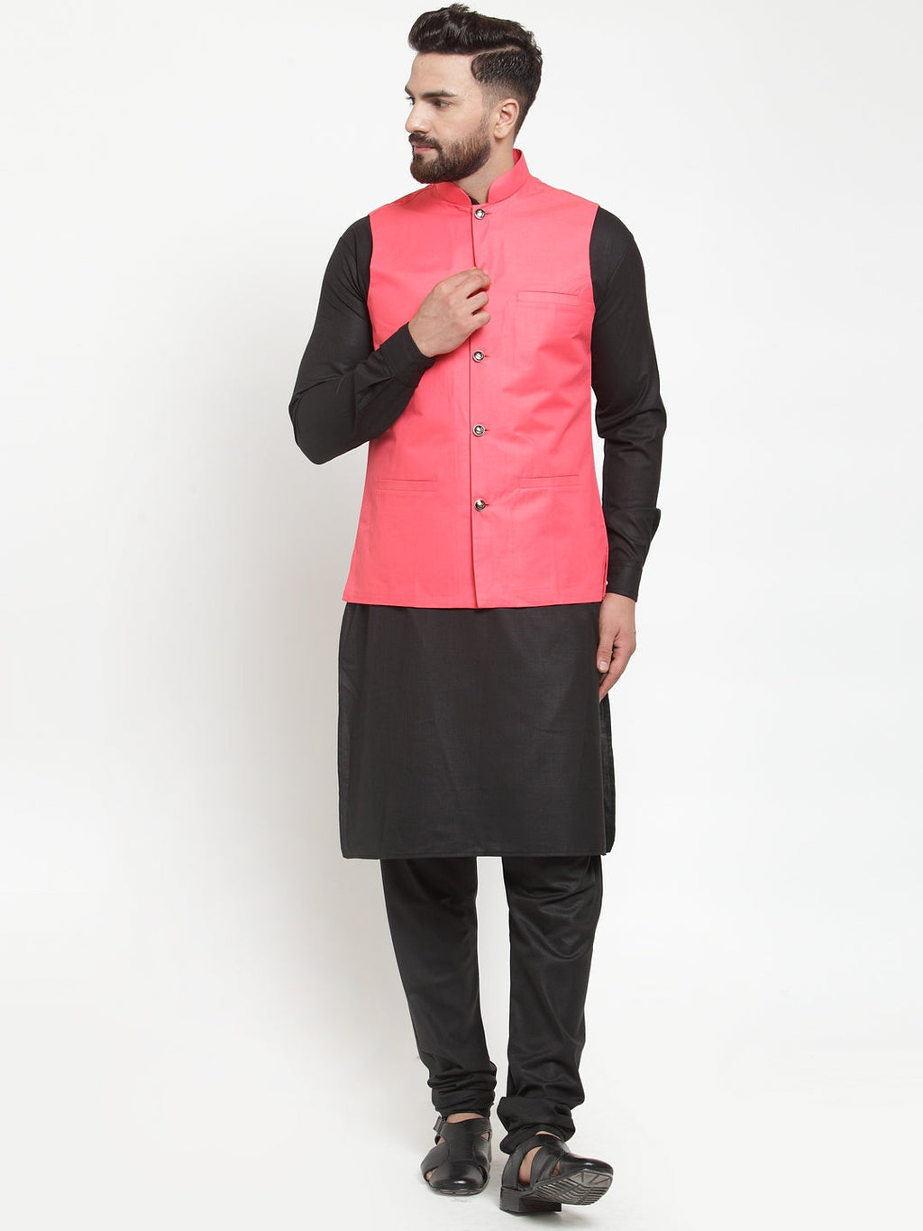 Jompers Men's Solid Kurta Pajama with Solid Waistcoat (Peach)
