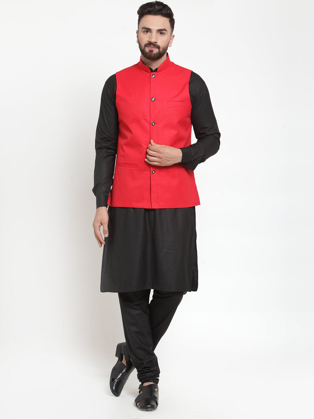 Jompers Men's Solid Kurta Pajama with Solid Waistcoat (Red)
