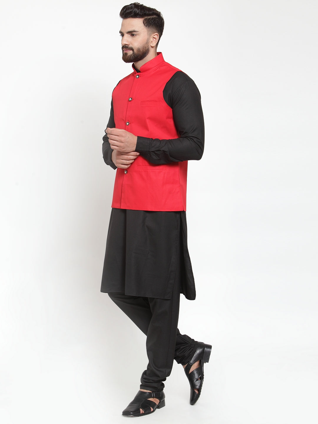 Jompers Men's Solid Kurta Pajama with Solid Waistcoat (Red)