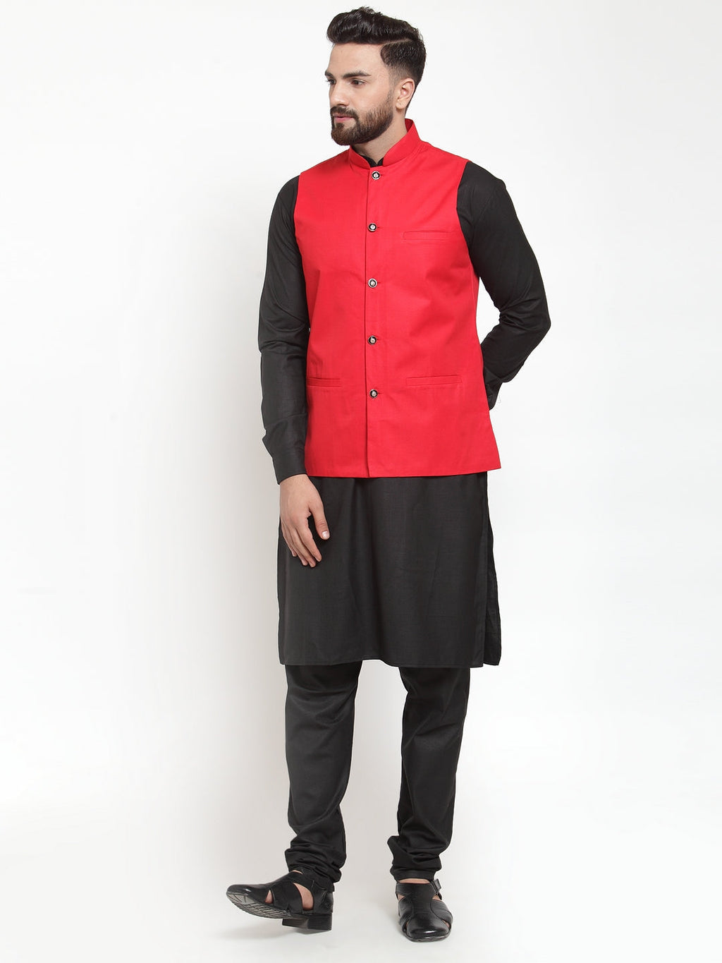 Jompers Men's Solid Kurta Pajama with Solid Waistcoat (Red)