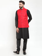 Jompers Men's Solid Kurta Pajama with Solid Waistcoat (Red)