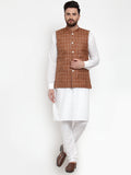 Jompers Men's Solid Kurta Pajama with Checked Waistcoat (Brown)