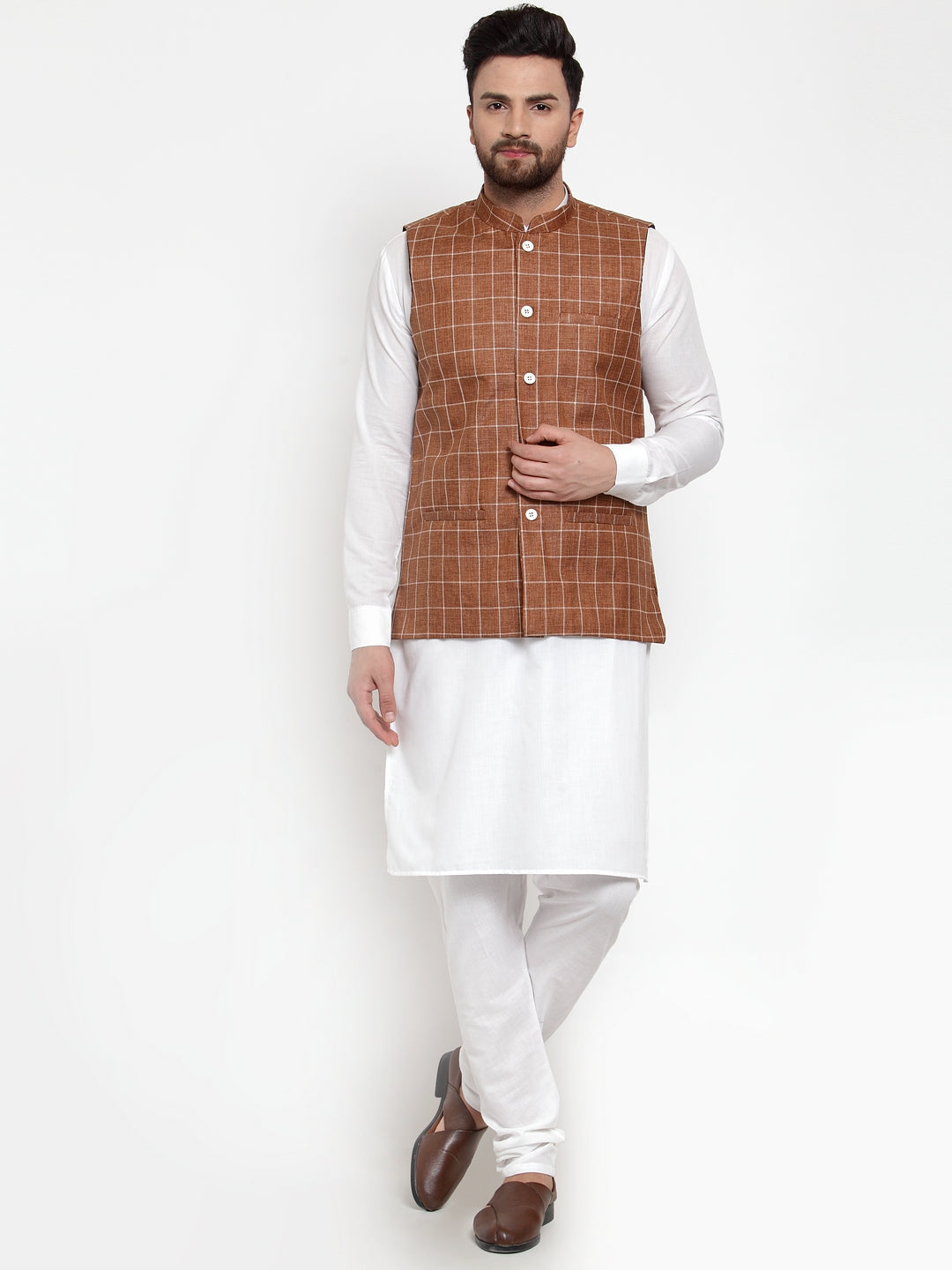 Jompers Men's Solid Kurta Pajama with Checked Waistcoat (Brown)