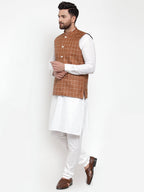 Jompers Men's Solid Kurta Pajama with Checked Waistcoat (Brown)
