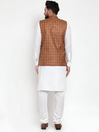 Jompers Men's Solid Kurta Pajama with Checked Waistcoat (Brown)