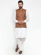 Jompers Men's Solid Kurta Pajama with Checked Waistcoat (Brown)