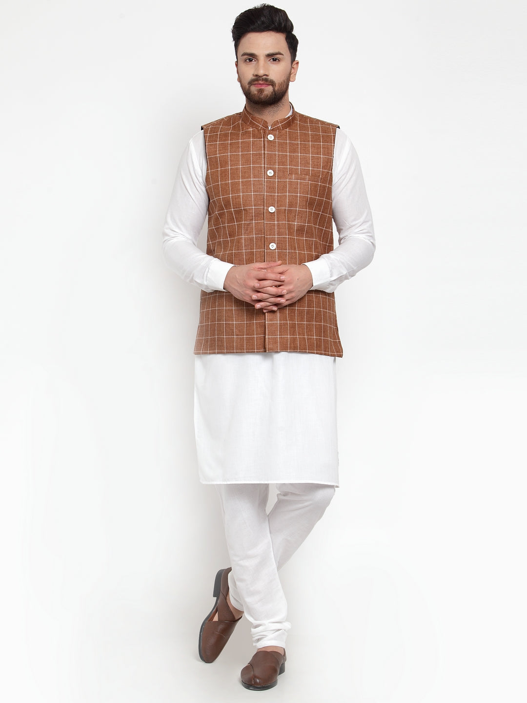 Jompers Men's Solid Kurta Pajama with Checked Waistcoat (Brown)